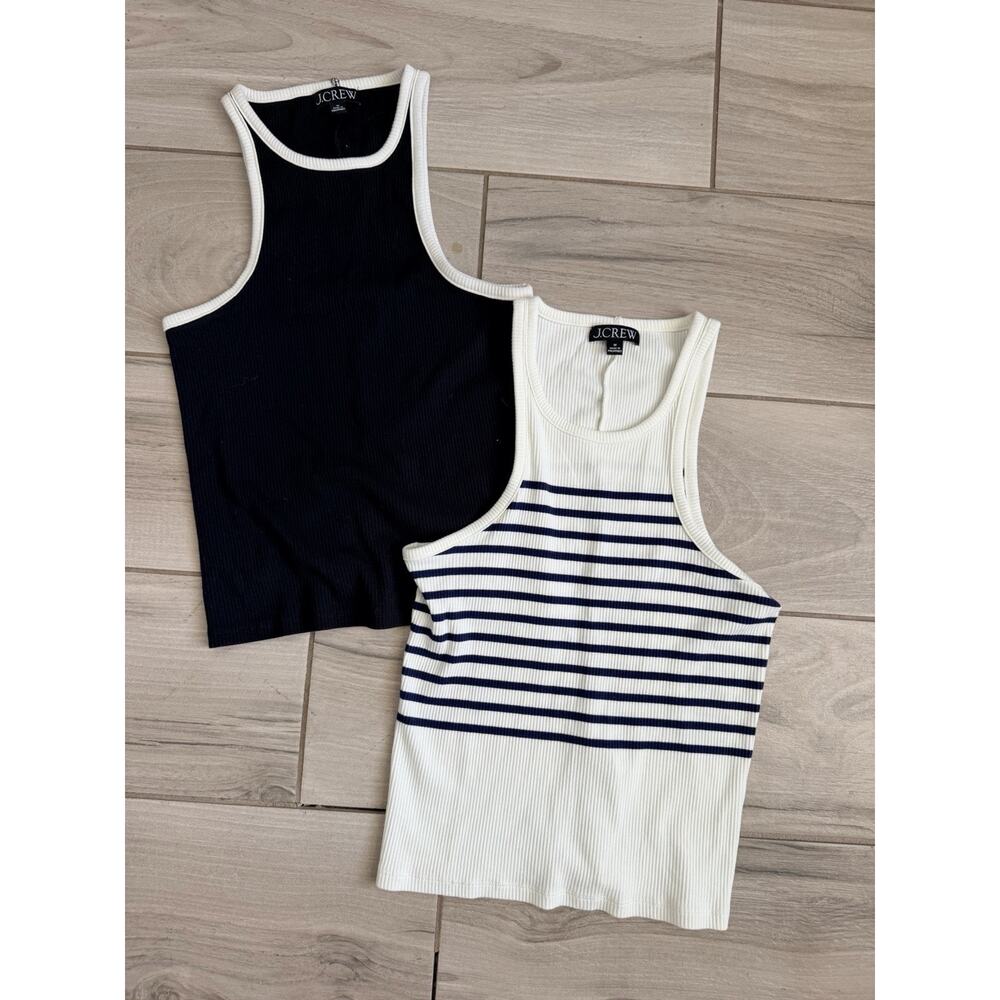 Lot Of 2 J Crew Basic Tank Tops (2) Size Medium Black Navy Stripe ES